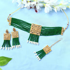 Mominos Fashion Johar Kamal Gold-Polished Kundan & Pearls Necklace Green/Golden Color Choker Set | Grocsy