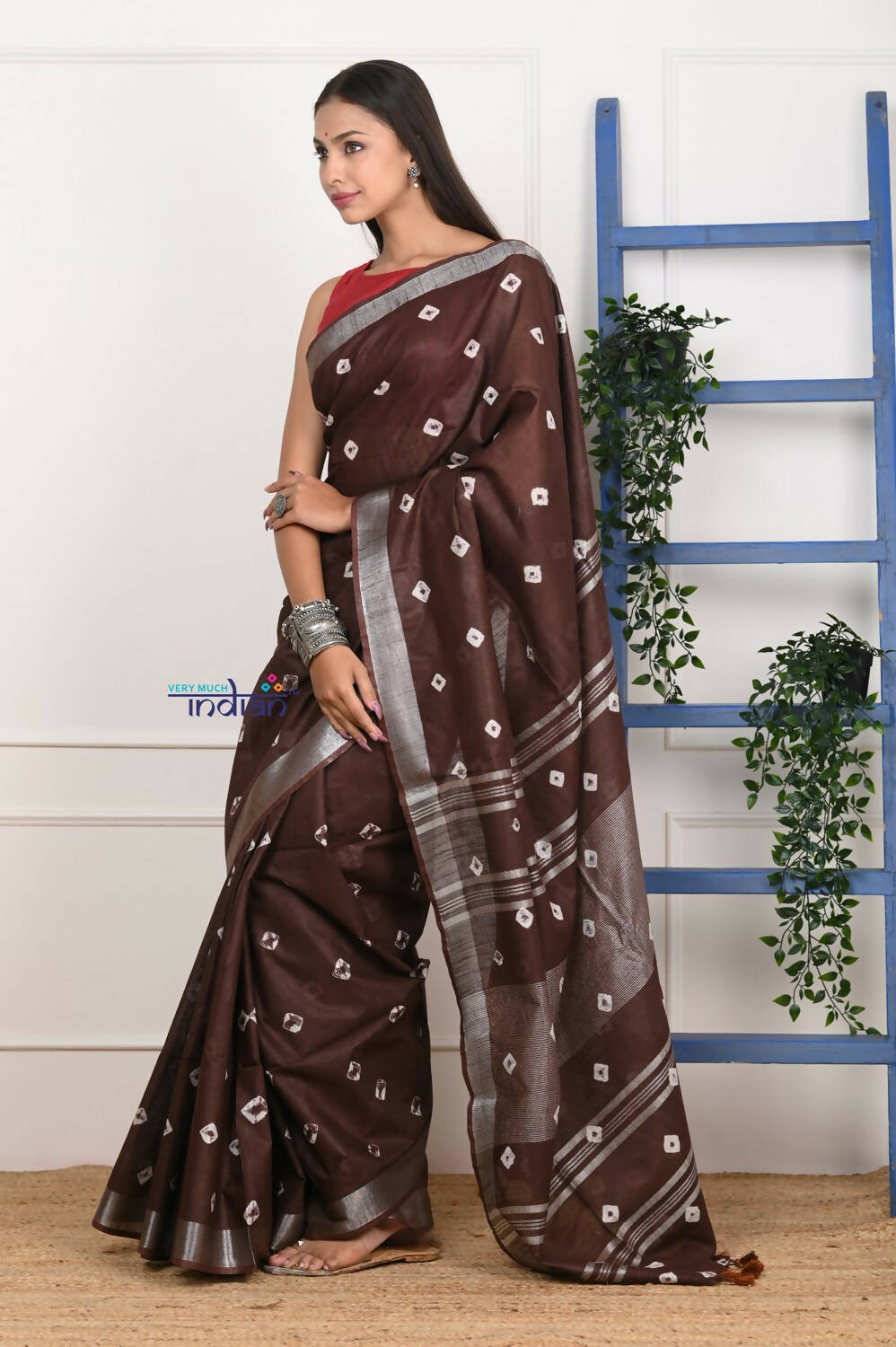 Very Much Indian Handmade Tie And Dye Cotton Saree By Women Weavers - Brown | Grocsy