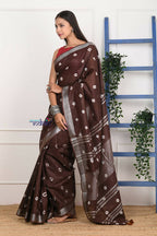 Very Much Indian Handmade Tie And Dye Cotton Saree By Women Weavers - Brown | Grocsy