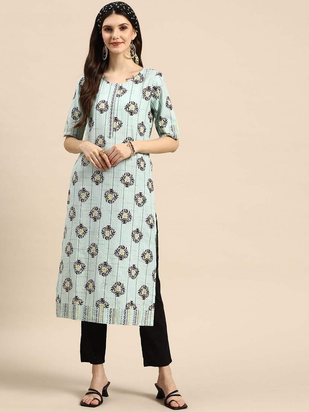 Sangria Women Blue & Brown Ethnic Motifs Printed Kurta | Grocsy