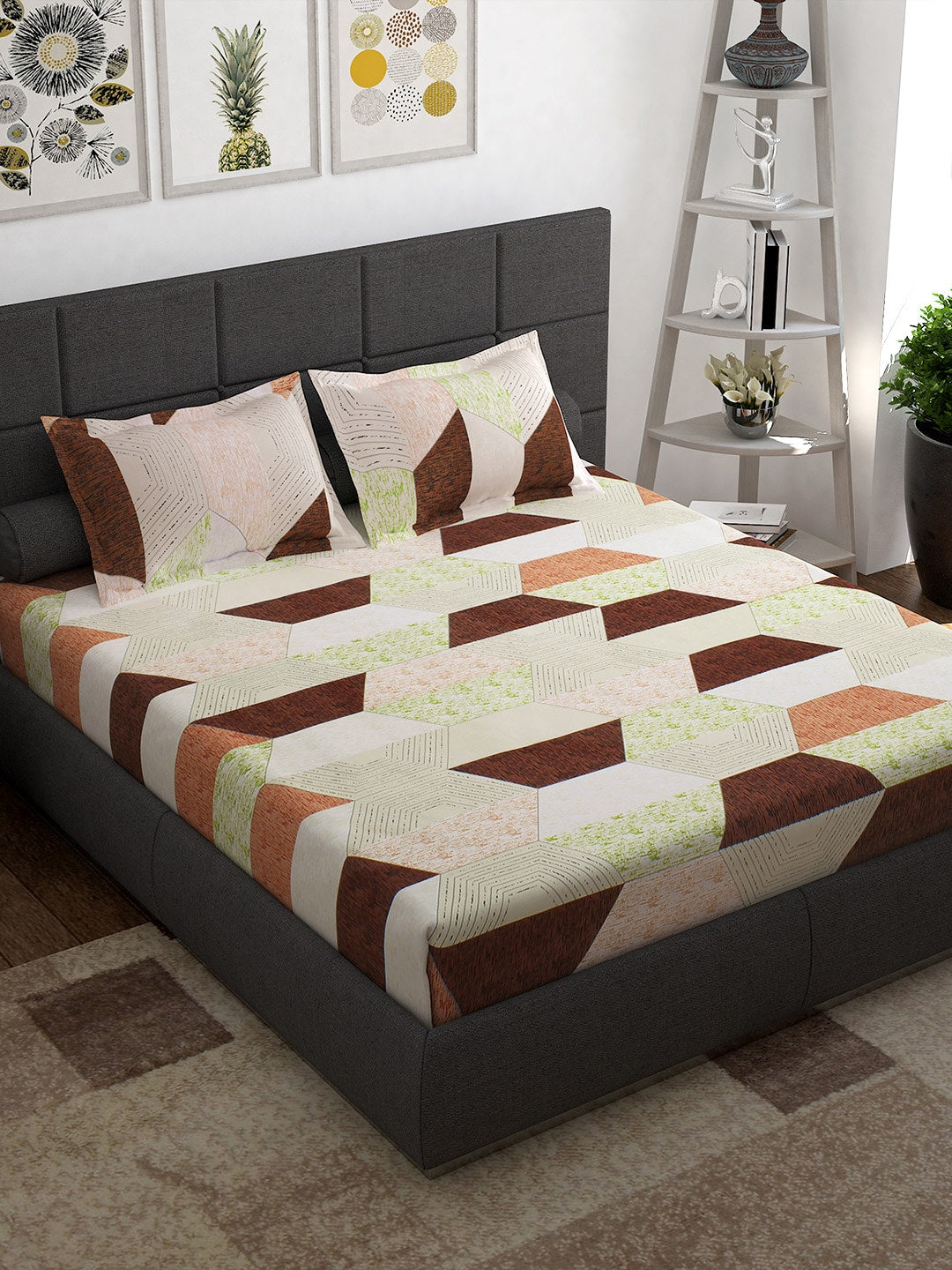 Story@home Cream-Coloured Geometric 152 TC Cotton 1 Queen Bedsheet with 2 Pillow Covers | Grocsy