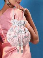 Masq Peach-Coloured & Grey Embroidered Potli Clutch | Grocsy