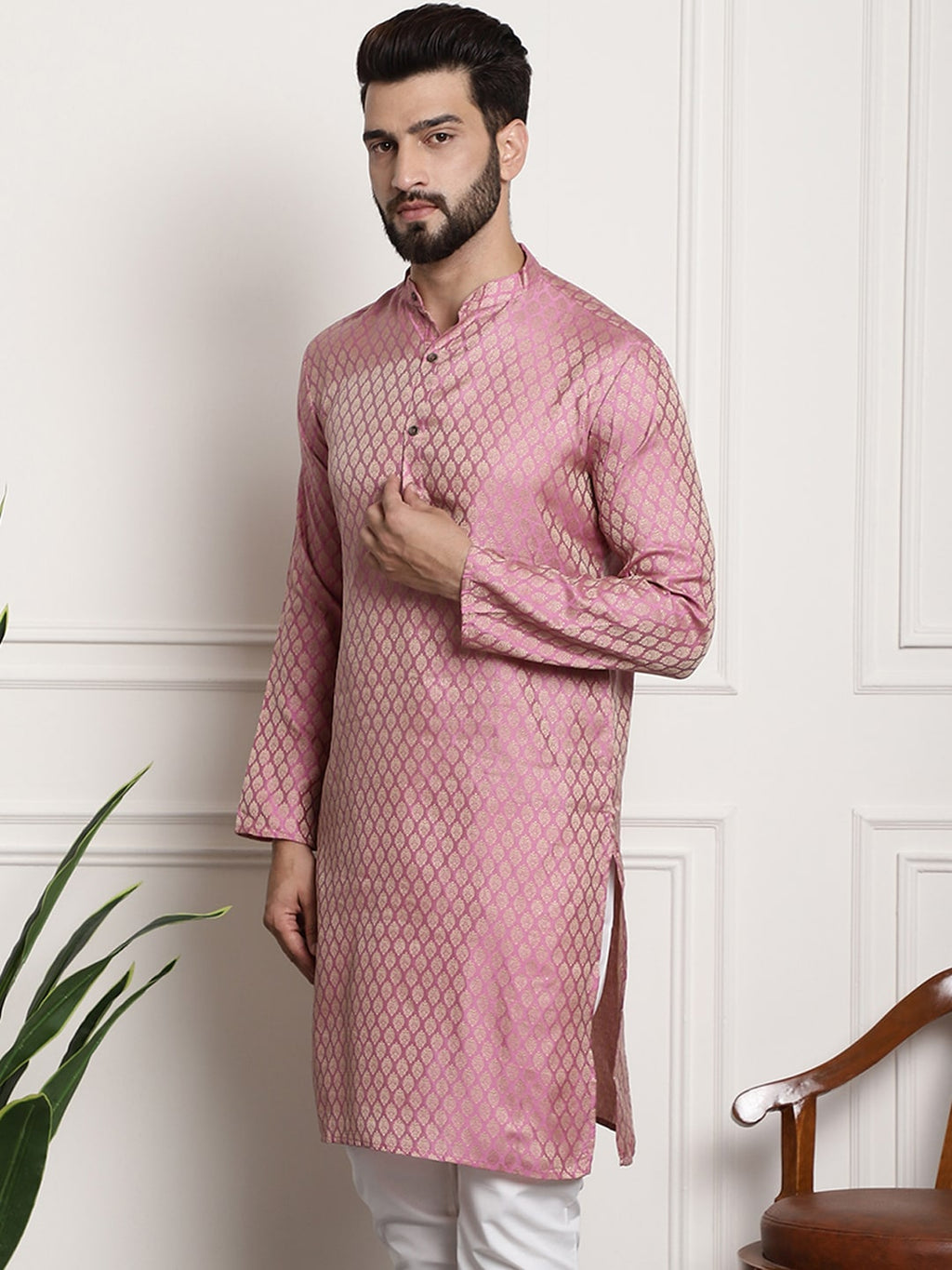 Sojanya Men Pink & Beige Ethnic Motifs Jacquard Woven Design Straight Kurta | Grocsy