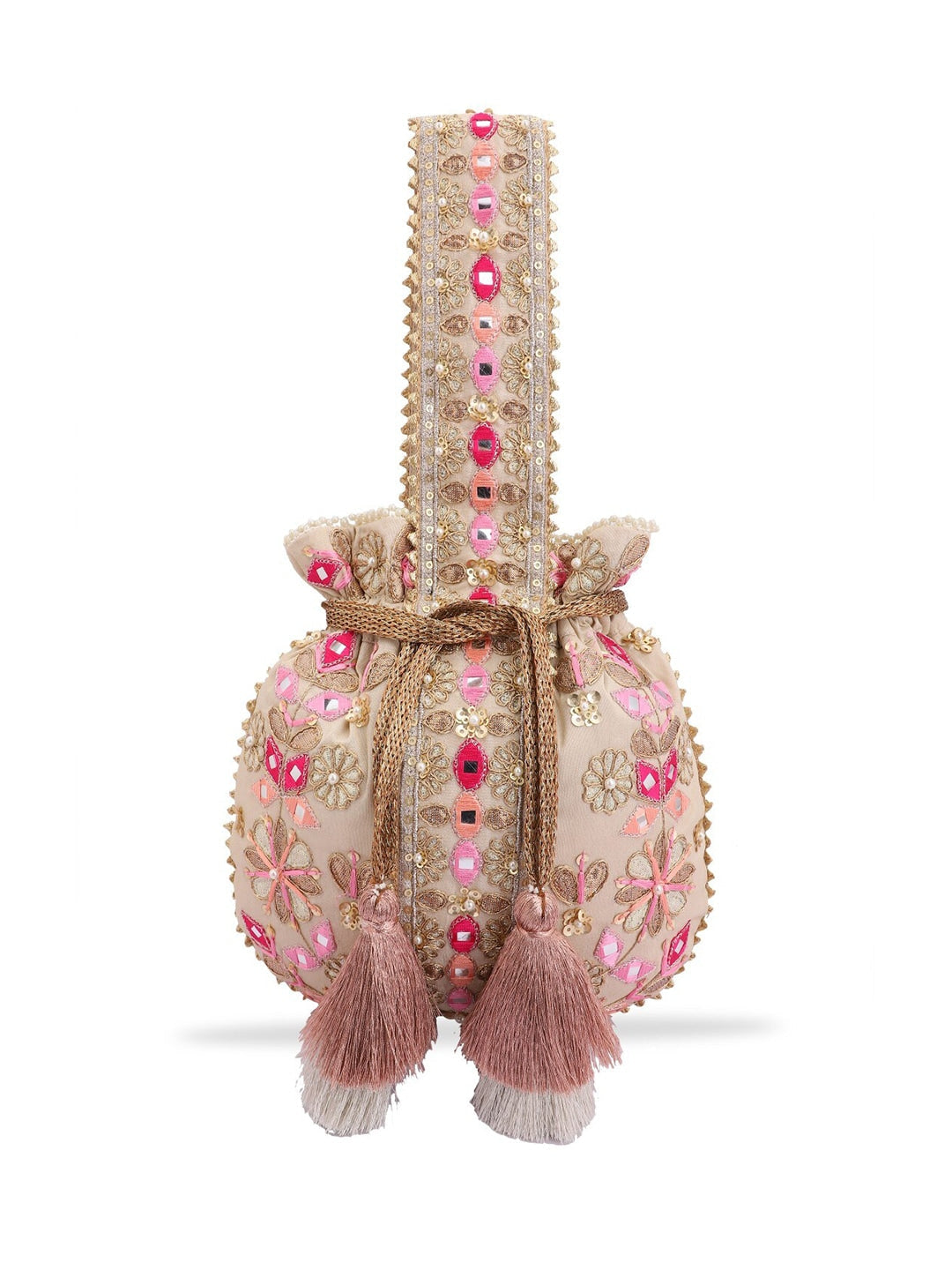 Masq Beige & Pink Embroidered Potli Clutch | Grocsy