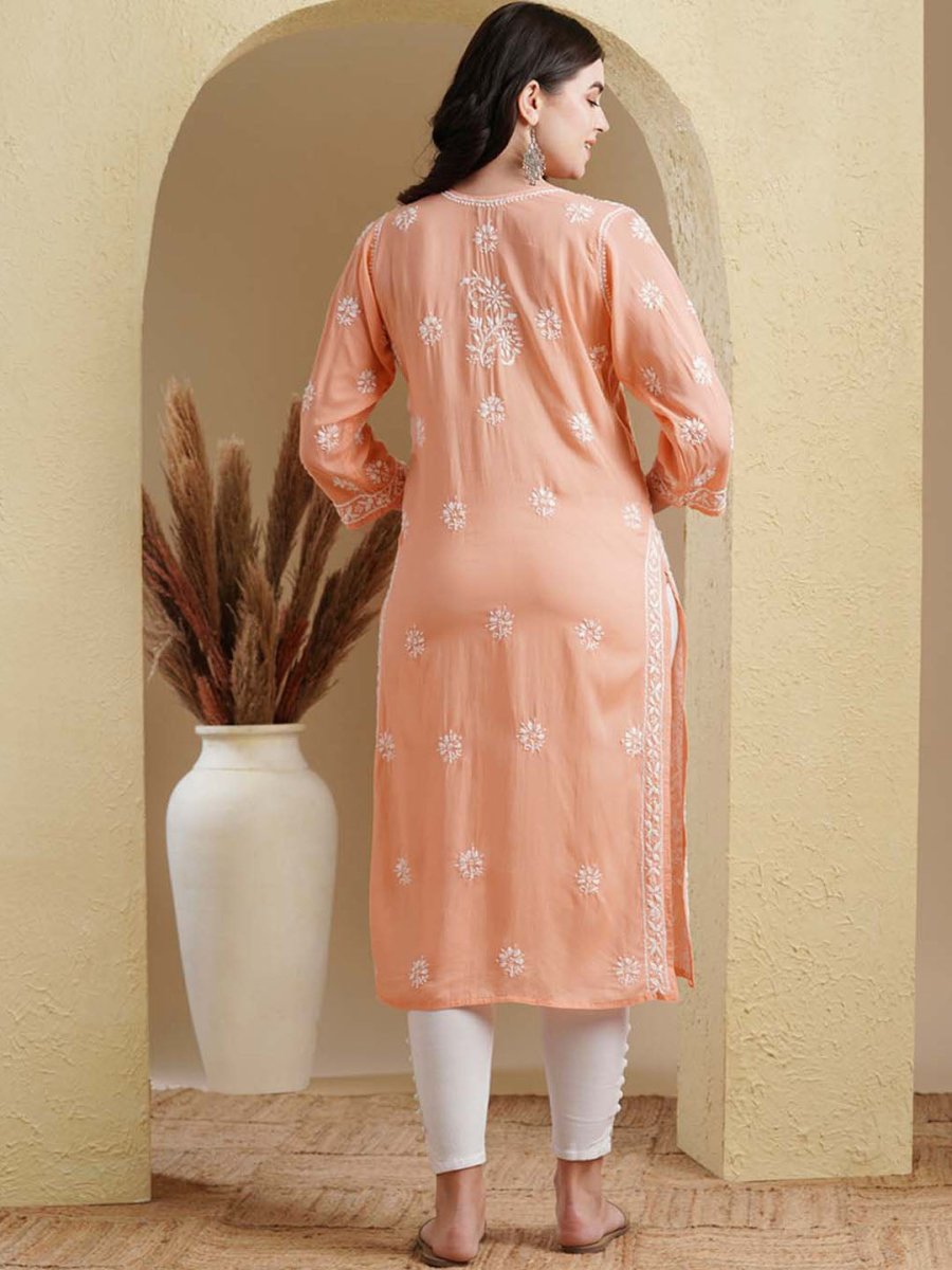 ADA Ethnic Motifs Embroidered Lucknowi Chikankari Detailed Modal Cotton Straight Kurta | Grocsy