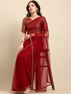 Sangria Maroon Beads and Stones Net Saree | Grocsy