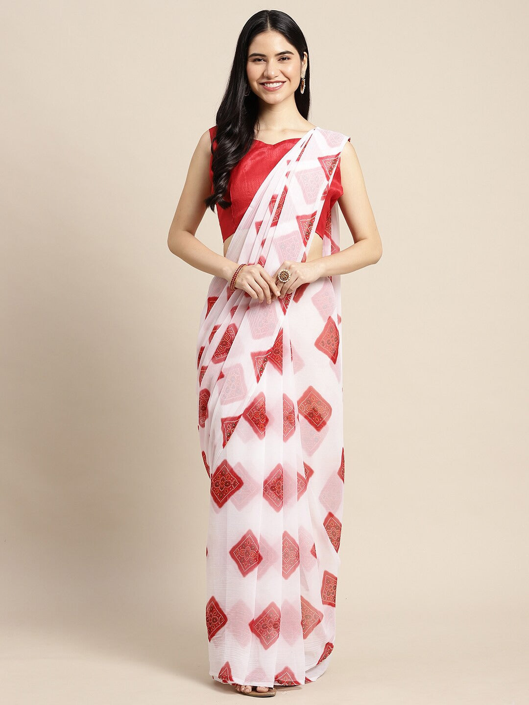 Saree Mall Women White & Red Printed Poly Chiffon Bandhani Saree With Matching Blouse | Grocsy