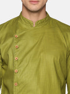 Sethukrishna Men Green Angrakha Pure Cotton Kurta with Pyjamas | Grocsy