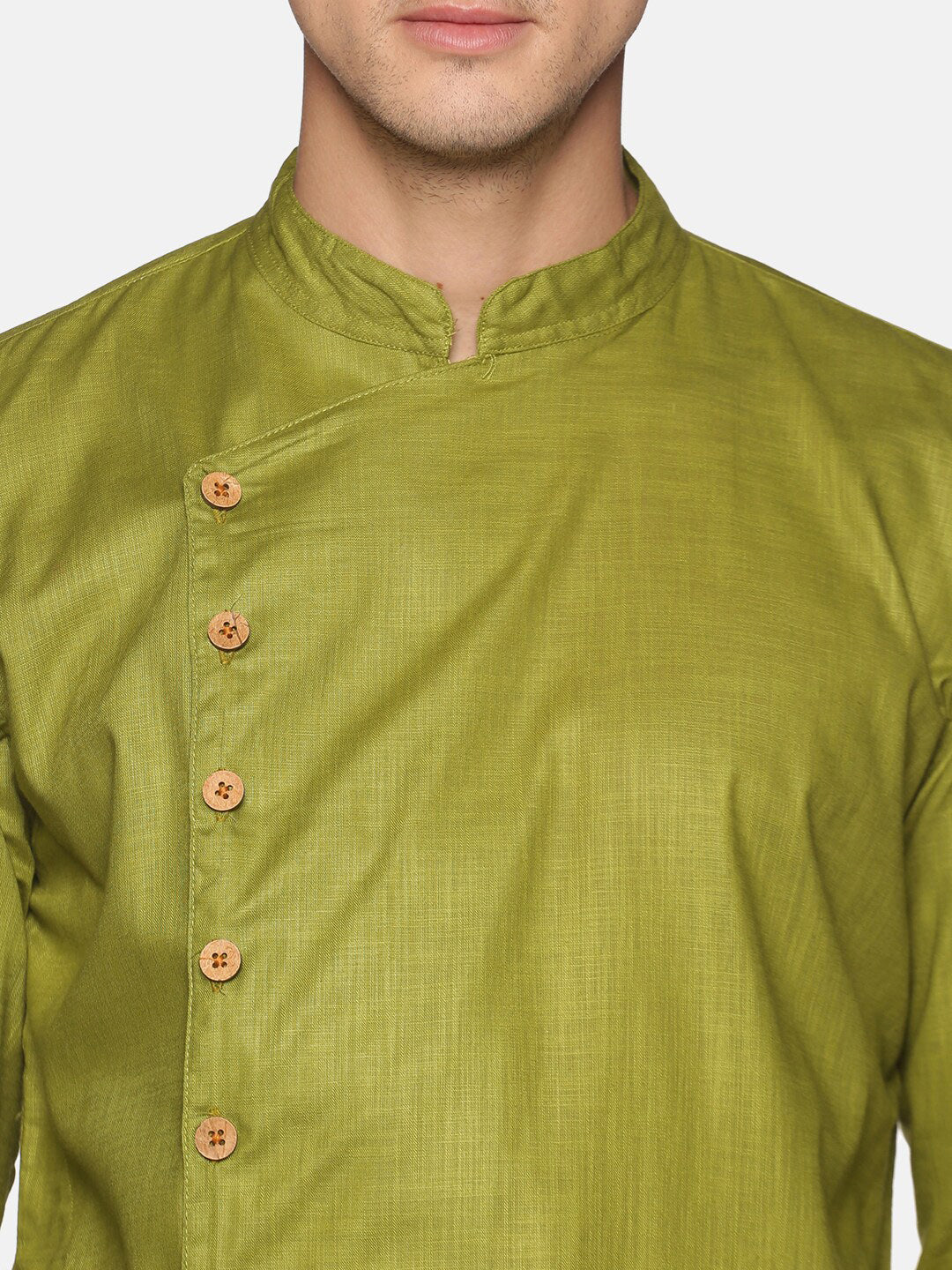 Sethukrishna Men Green Angrakha Pure Cotton Kurta with Pyjamas | Grocsy