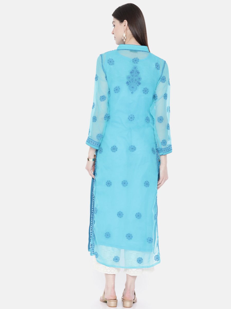 ADA Women Blue Embroidered Lucknow Chikankari Straight Kurta With Slip | Grocsy