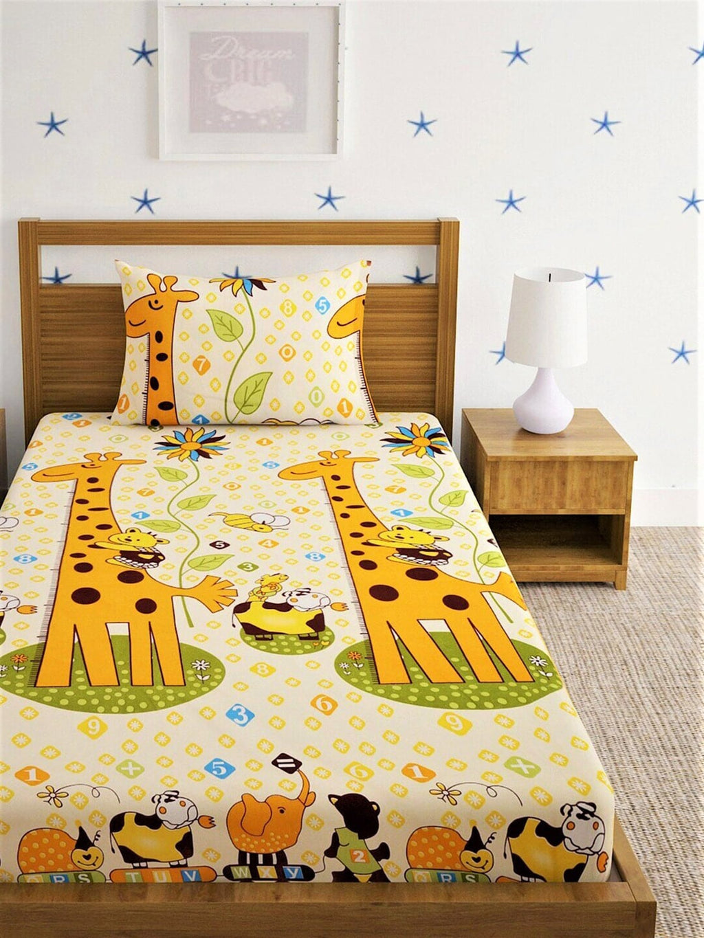 Home Sizzler Yellow & Orange Cartoon Characters 210 TC Single Bedsheet with 1 Pillow Covers | Grocsy