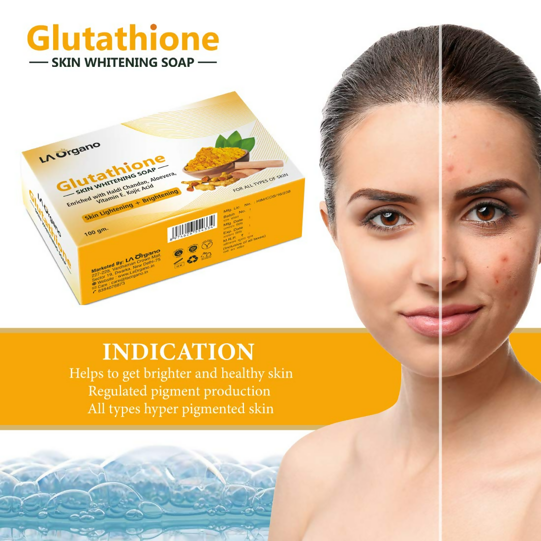 LA Organo Glutathione Haldi Chandan Skin Lightening & Brightening Soap | Grocsy