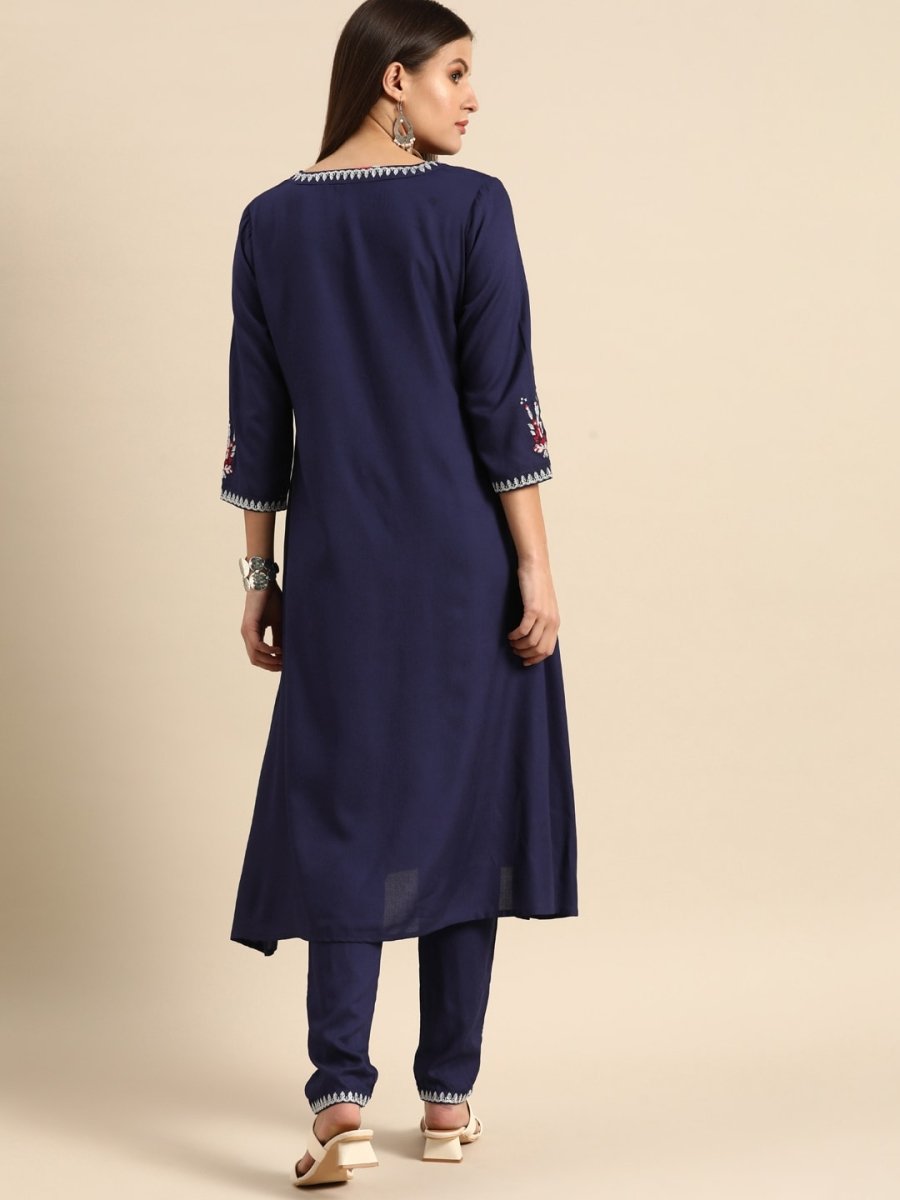 All About You Women Navy Blue Embroidered Kurta with Trousers | Grocsy