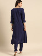 All About You Women Navy Blue Embroidered Kurta with Trousers | Grocsy