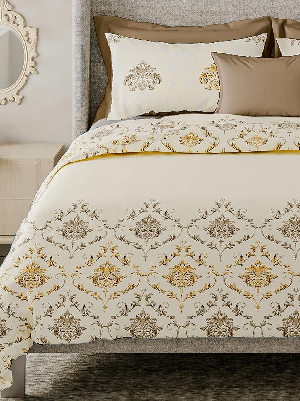 LABHAM Cream-Coloured & Brown Ethnic Motifs Cotton 180 TC King Bedsheet & 2 Pillow Covers | Grocsy