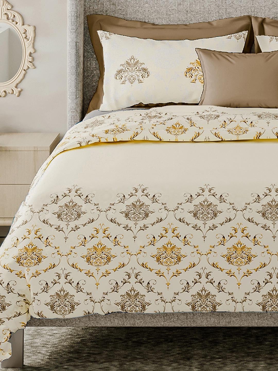 LABHAM Cream-Coloured & Brown Ethnic Motifs Cotton 180 TC King Bedsheet & 2 Pillow Covers | Grocsy