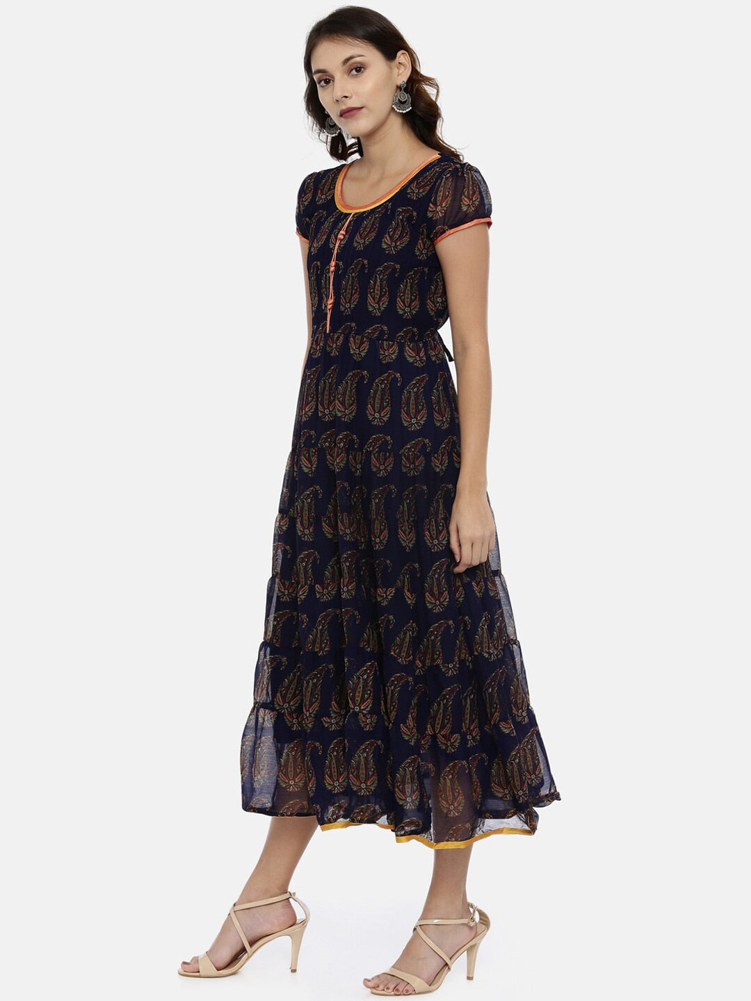 Souchii Navy Blue Printed Fit and Flare Dress | Grocsy