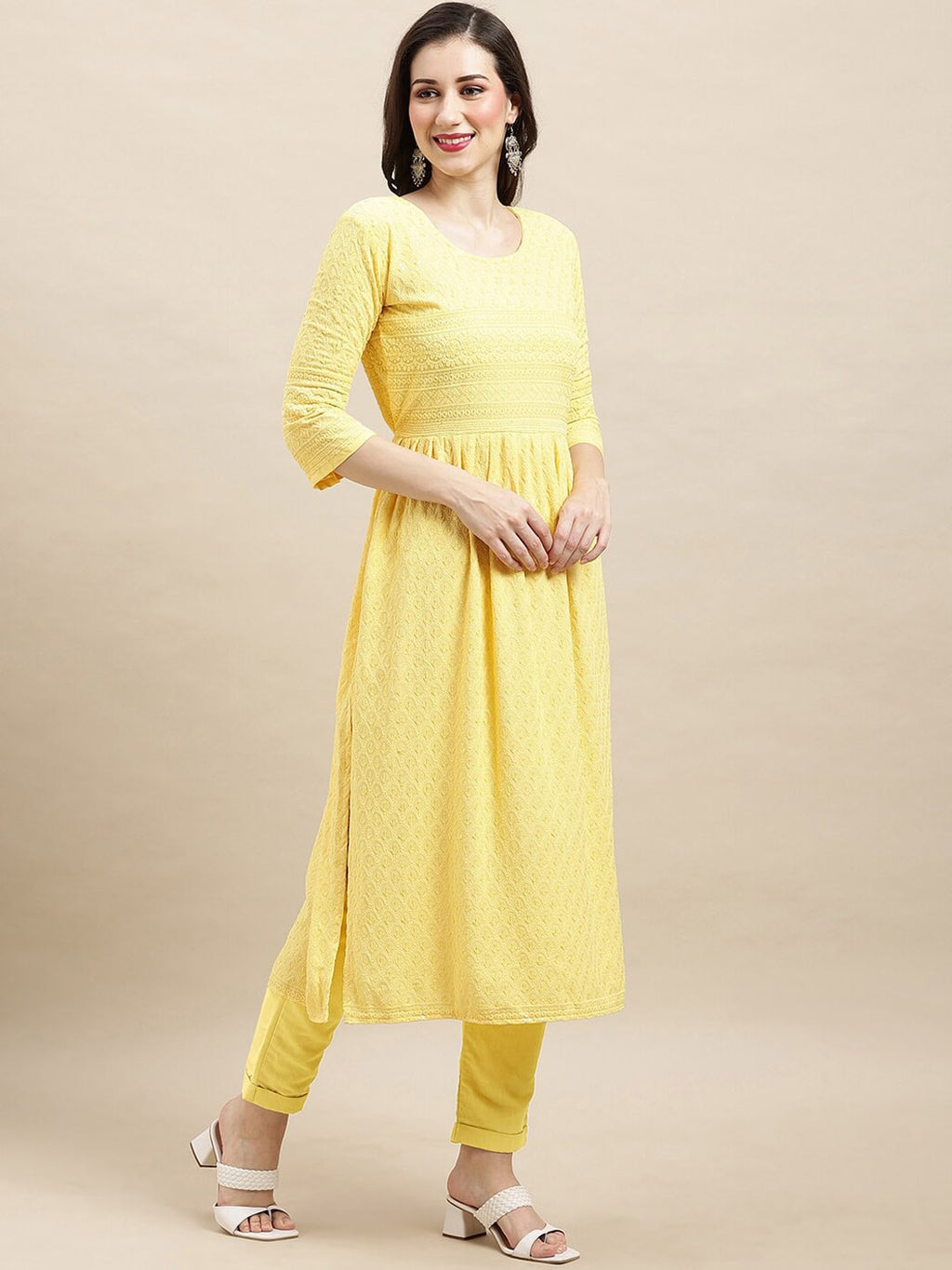 Sangria Yellow Ethnic Motifs Embroidered Chikankari A-Line Kurta | Grocsy