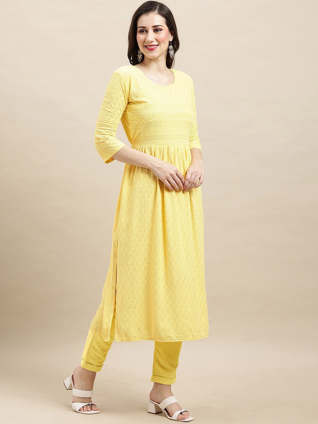 Sangria Yellow Ethnic Motifs Embroidered Chikankari A-Line Kurta | Grocsy