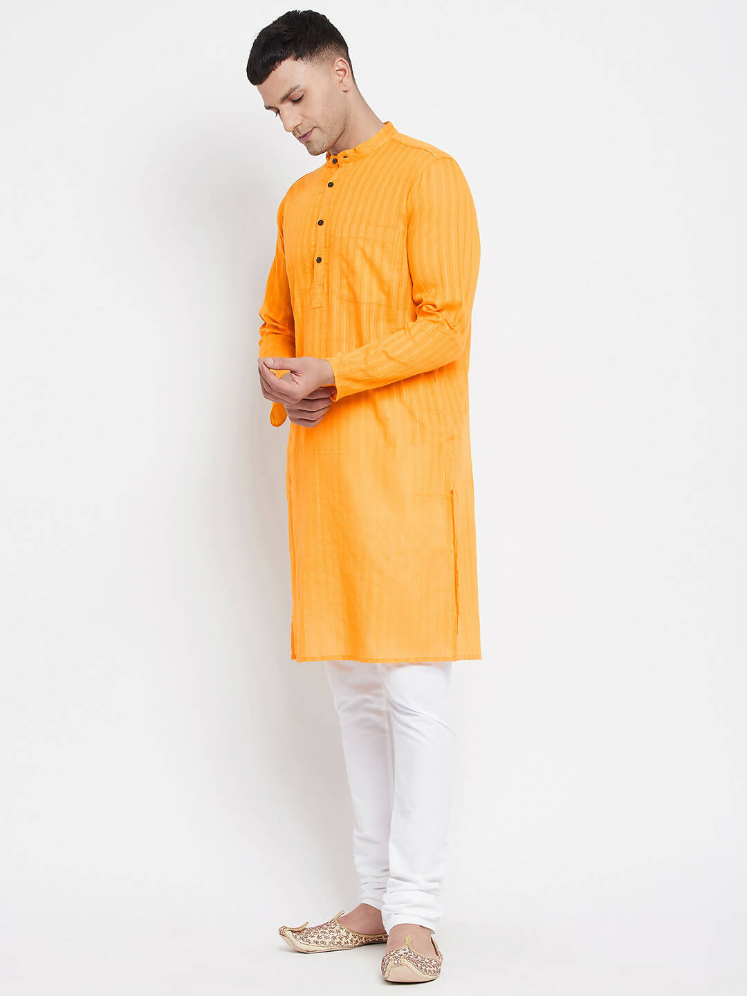 Even Apparels Men's Pure Cotton Kurta With Band Collar in Yellow Color | Grocsy