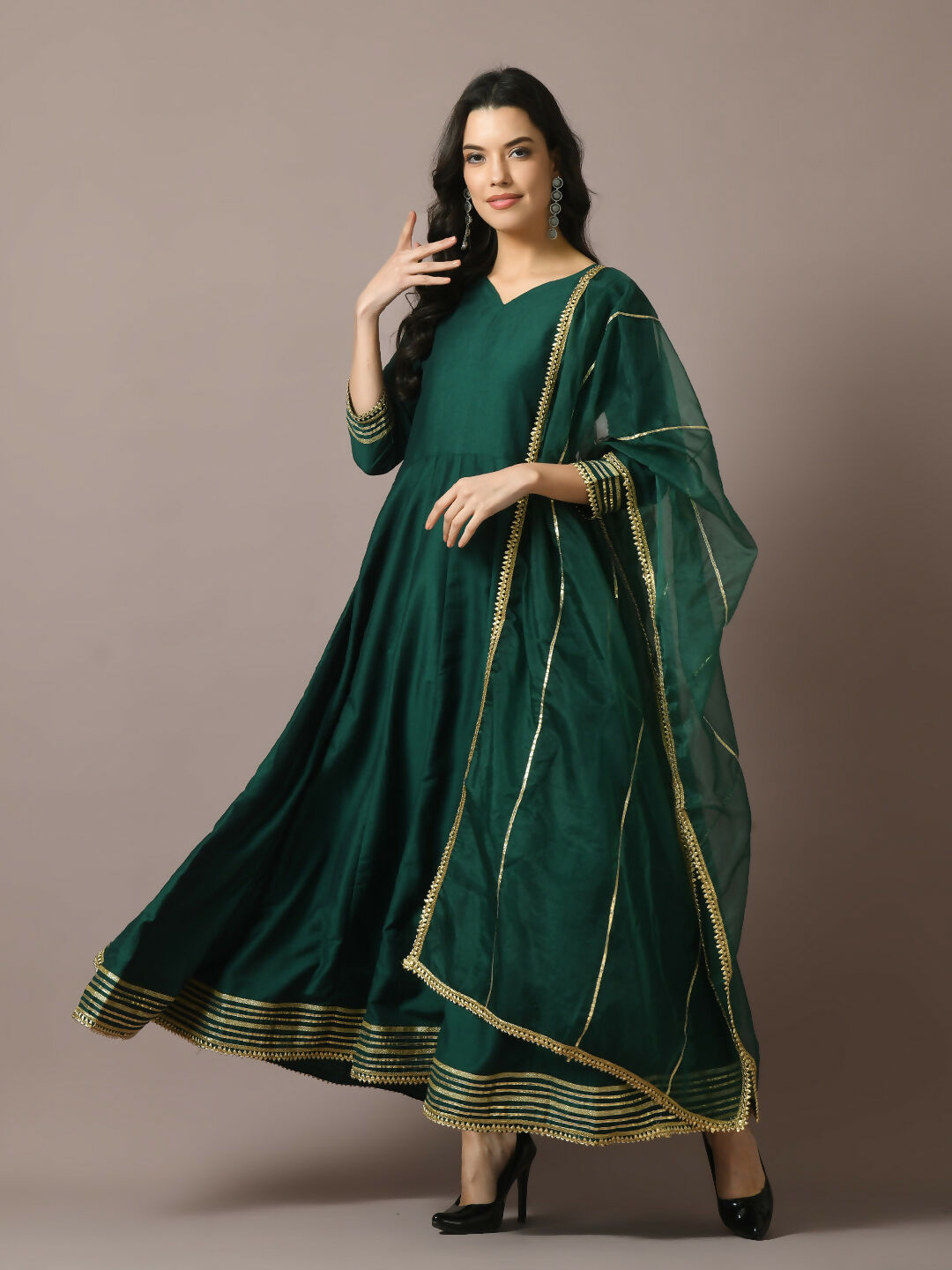 Myshka Women's Green Solid Silk Anarkali Party Kurta With Dupatta | Grocsy