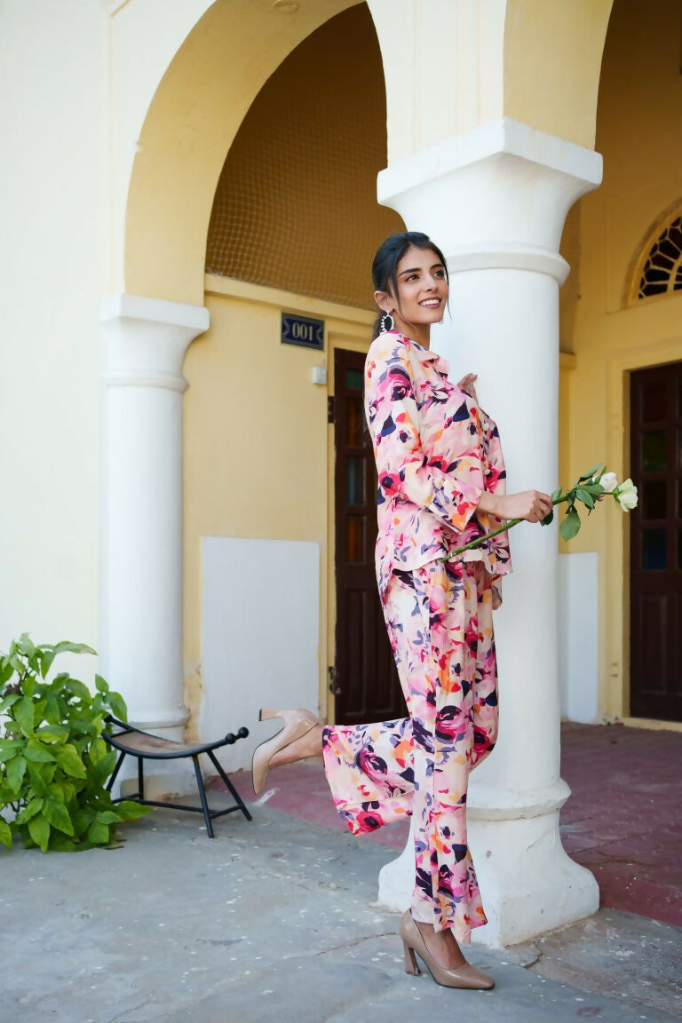 Vaasva Women Peach Muslin Floral Shirt & Pant Set | Grocsy