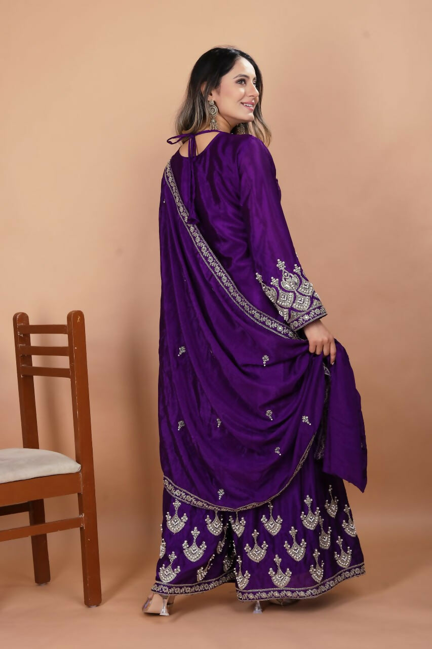 Joban Fashion Purple Silk Embroidered Sharara Set | Grocsy