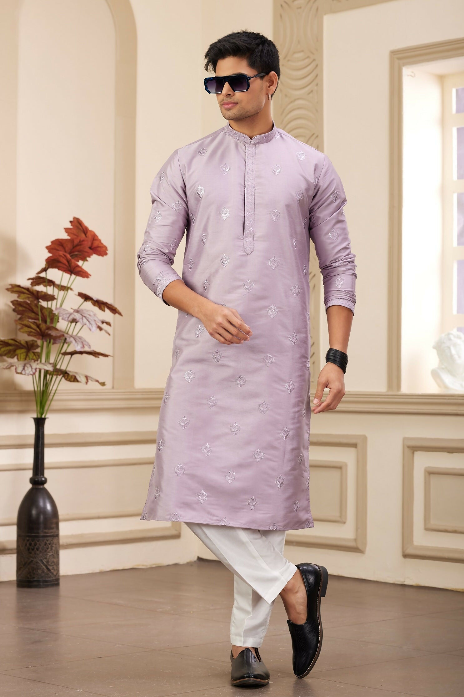 Raivat Ethnic Men's Art Silk Thread Work Kurta Pyjama In Light Purple Colour | Grocsy