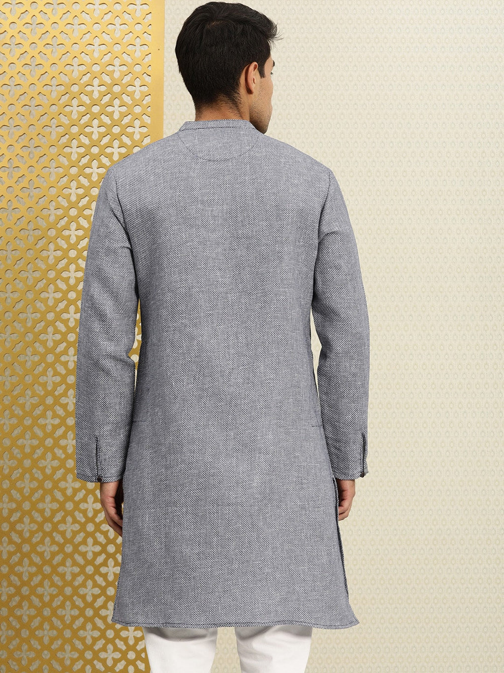House of Pataudi Men Navy Blue & White Woven Design Straight Kurta | Grocsy