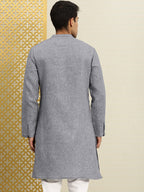 House of Pataudi Men Navy Blue & White Woven Design Straight Kurta | Grocsy