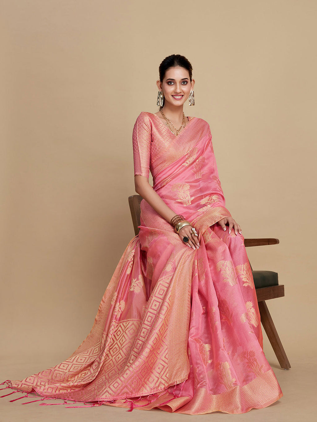 Sangria Pink Woven Design Organza Saree | Grocsy
