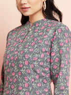 Aks Floral Printed Mandarin Collar Cotton Anarkali Kurta | Grocsy