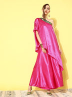 InWeave Women's Pink Green Brocade Satin Oneshoulder Kurta Set | Grocsy