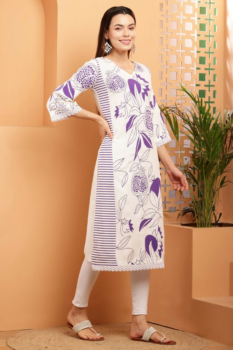 Cheera Women Stylish Hand Block Printed Cotton Blend Flared Kurta - Off White | Grocsy