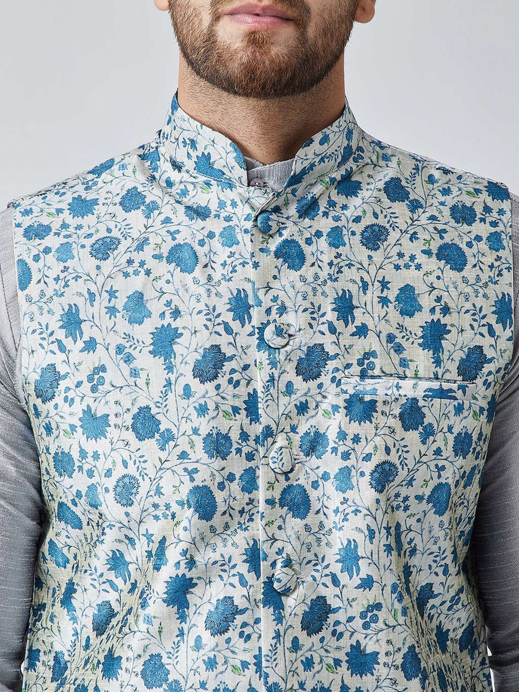 Sojanya Men Grey & Blue Self Design Kurta with Churidar & Nehru Jacket | Grocsy