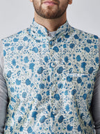 Sojanya Men Grey & Blue Self Design Kurta with Churidar & Nehru Jacket | Grocsy
