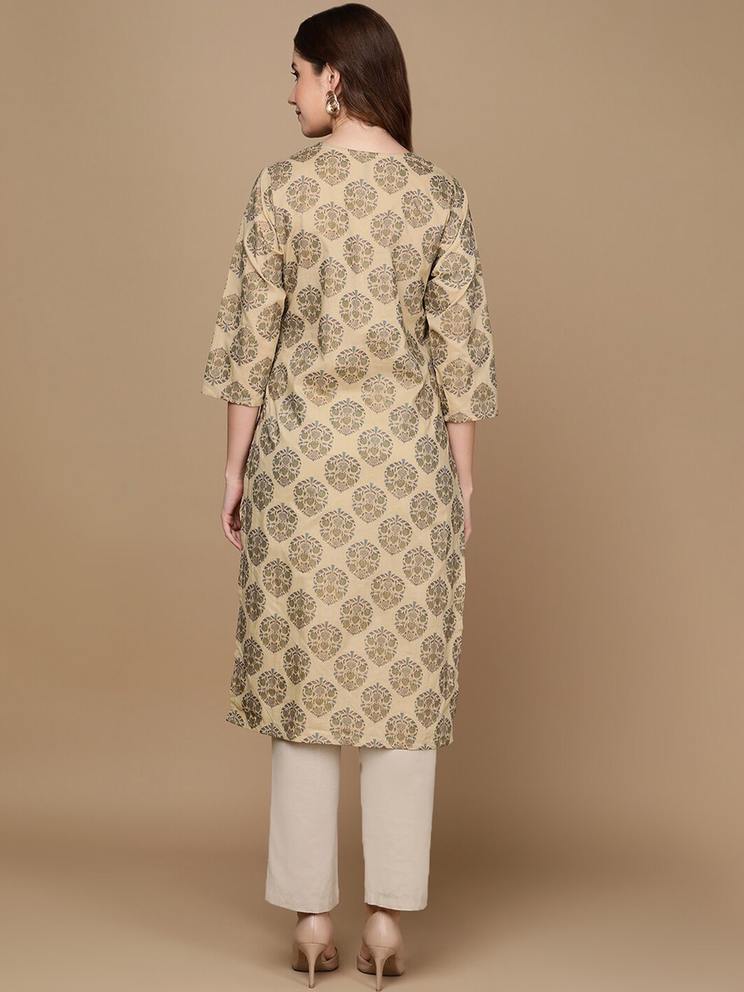 HERE&NOW Beige & Green Ethnic Motifs Printed Sequinned Thread Work Cotton Kurta | Grocsy