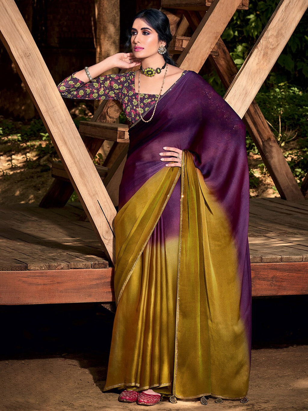 Saree Mall Purple & Beige Ombre Embroidered Sarees | Grocsy