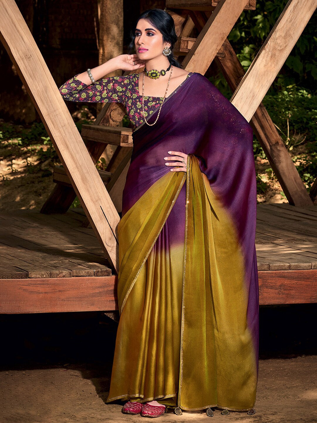 Saree Mall Purple & Beige Ombre Embroidered Sarees | Grocsy