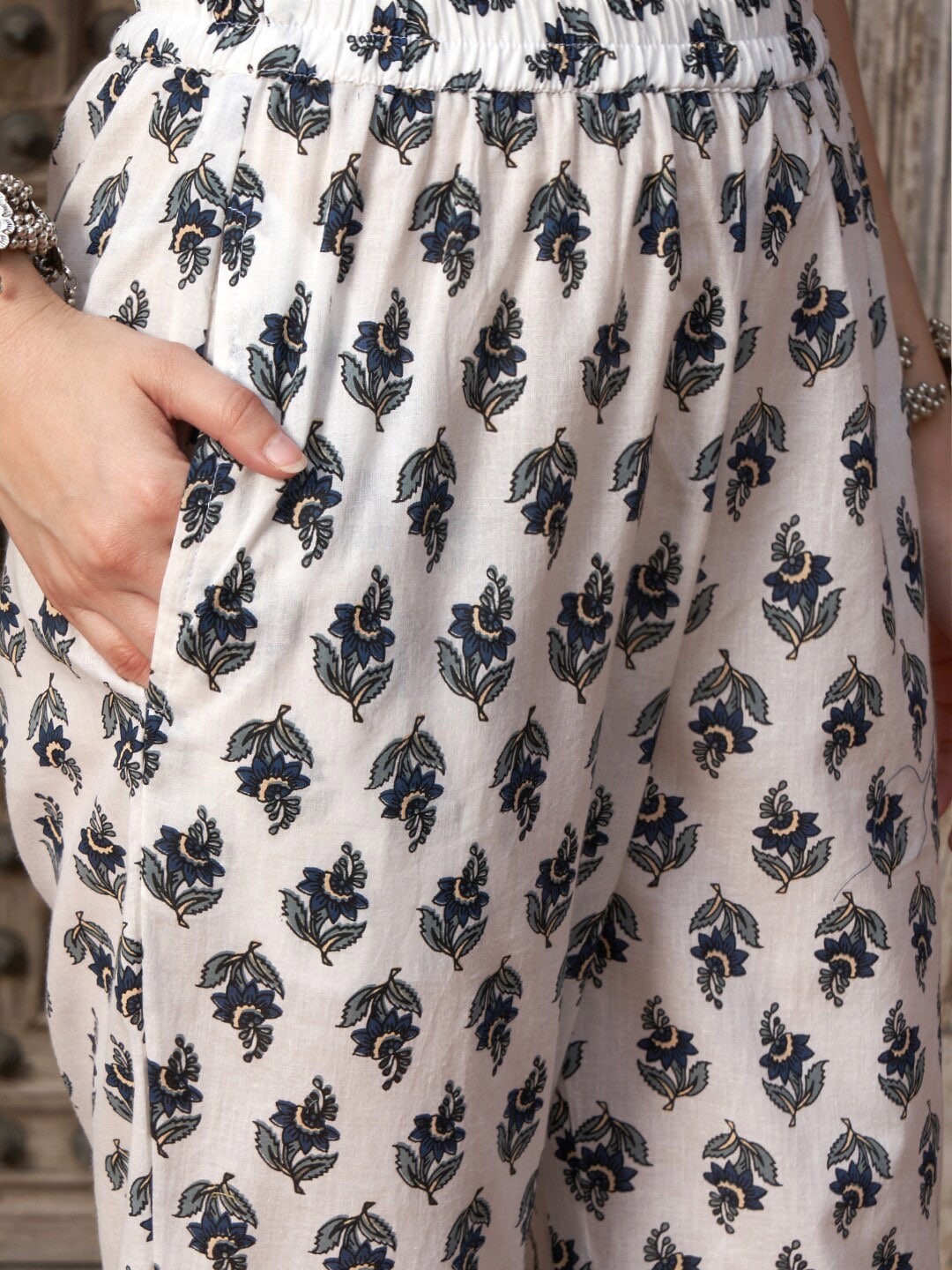 Sangria Navy Blue Floral Printed Pure Cotton Anarkali Kurta With Trouser & Dupatta | Grocsy