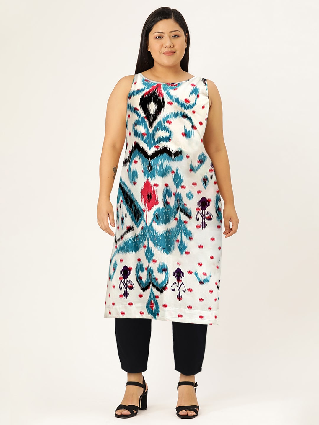 Sangria Women White & Blue Pure Cotton Ethnic Motifs Printed Straight Kurta | Grocsy