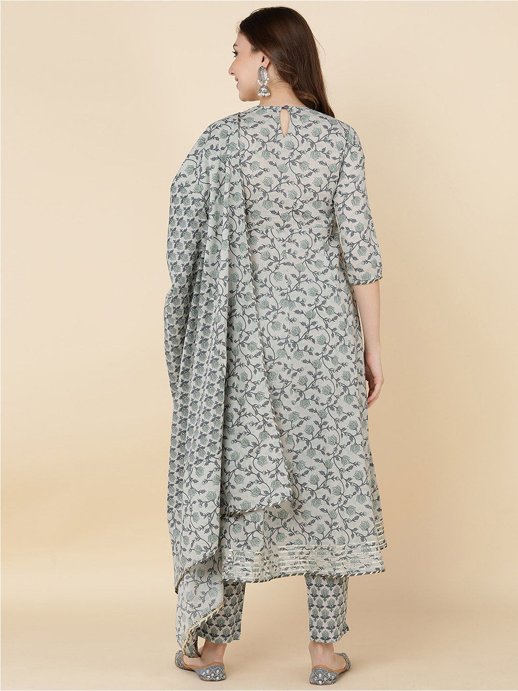 HERE&NOW Women Grey & Olive Green Embroidered Angrakha Kurta with Trousers & With Dupatta | Grocsy