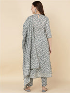HERE&NOW Women Grey & Olive Green Embroidered Angrakha Kurta with Trousers & With Dupatta | Grocsy