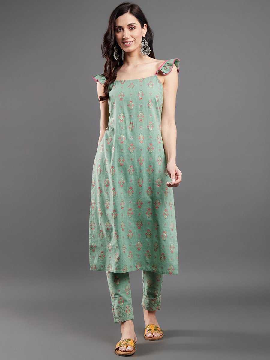 Aks Ethnic Motifs Printed Straight Kurta with Trousers | Grocsy