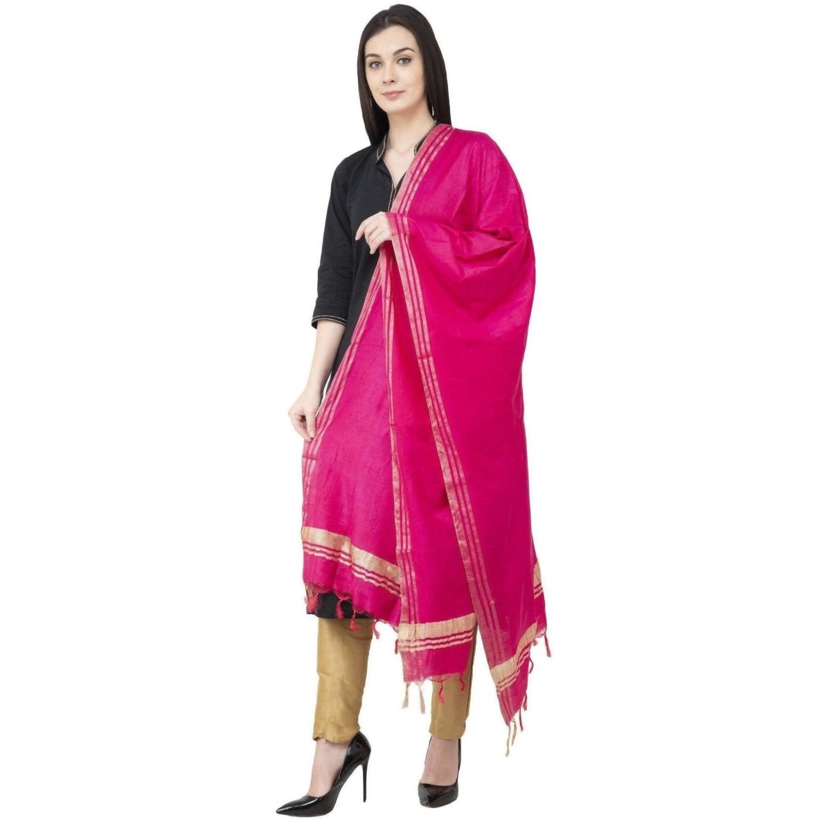 A R Silk Golden Border Regular Dupatta Dark Pink Color Dupatta or Chunni | Grocsy