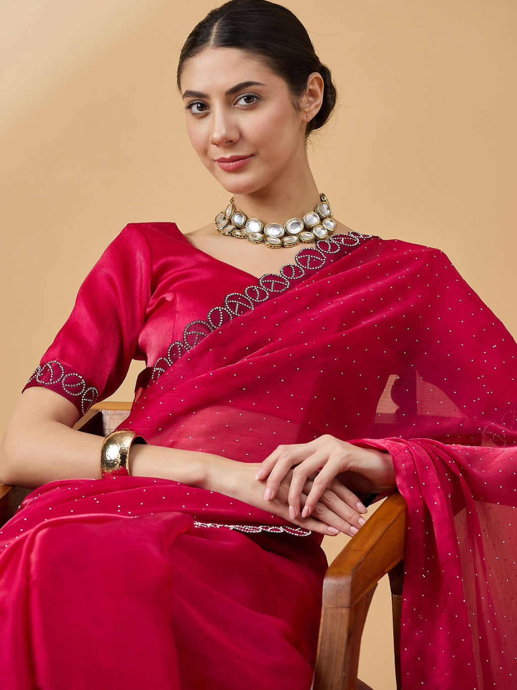 Pink Organza Swaroski Diamond Work Saree with Unstitched Blouse - Radha | Grocsy