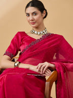 Pink Organza Swaroski Diamond Work Saree with Unstitched Blouse - Radha | Grocsy