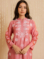 HOUSE OF KARI Ethnic Motifs Embroidered Chikankari Straight Chanderi Silk Kurta | Grocsy