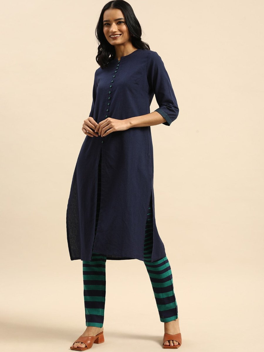 All About You Women Blue & Green Pure Cotton Kurta with Trousers | Grocsy