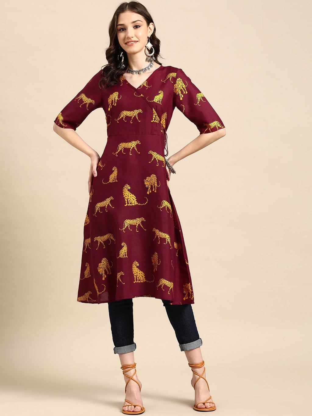 Sangria Animal Print Angrakha Kurta | Grocsy